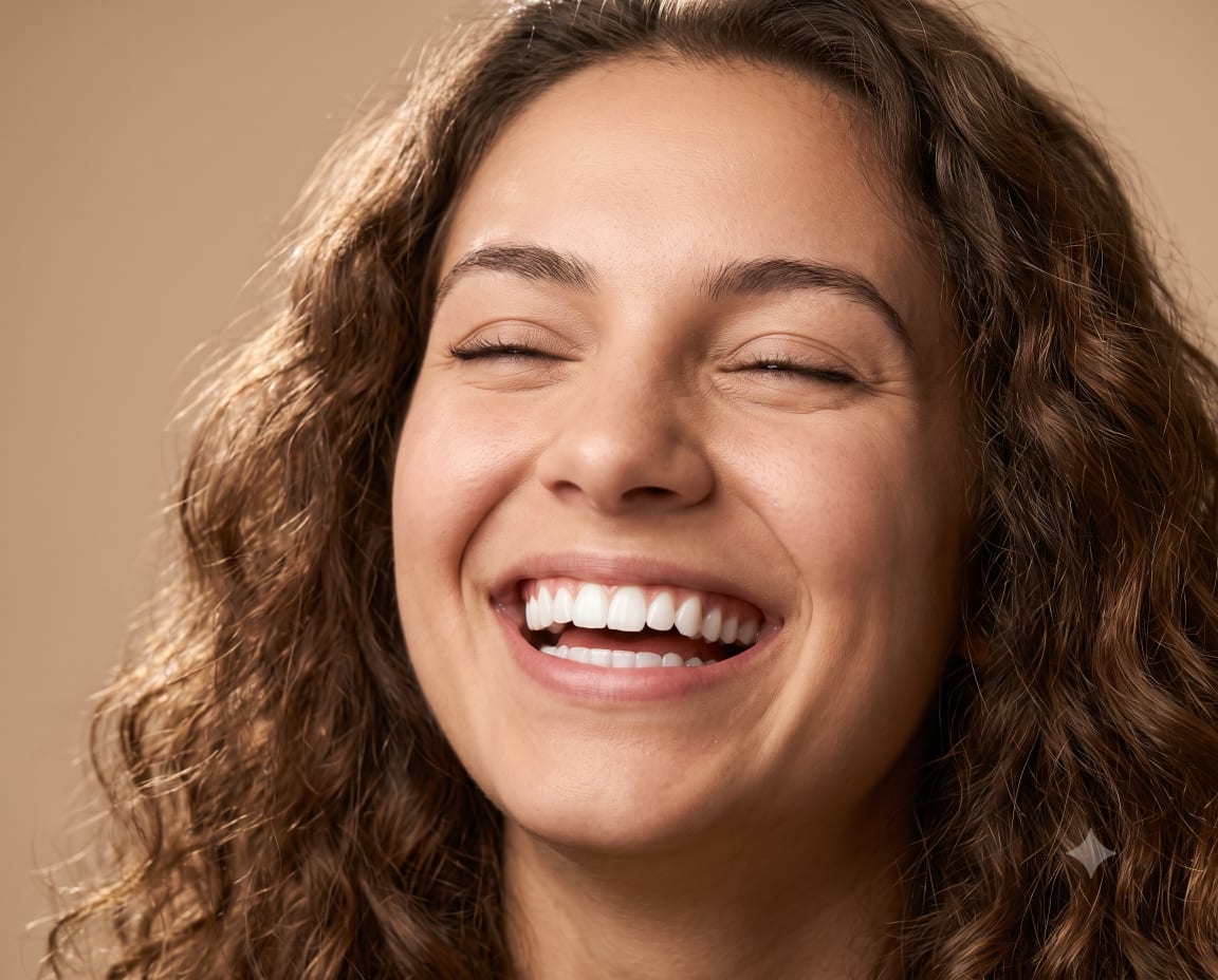Paciente sorrindo após clareamento dental na Clínica Vanini